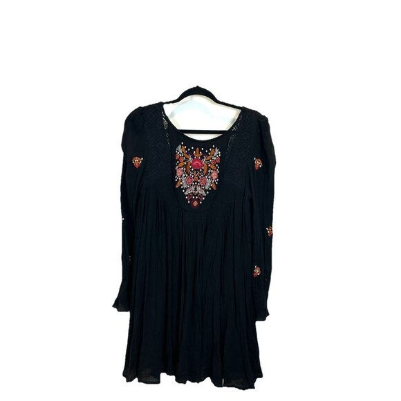 Free People Small Dress Black Mohave Embroidered Mini Tunic Lace Long Sleeve - Picture 1 of 13